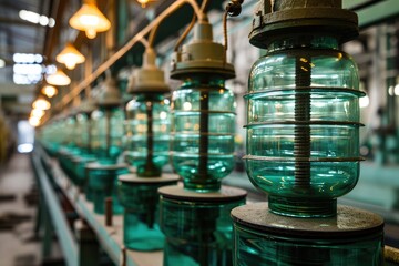Glass electrical insulators in stock of the manufacturer's plant. Stacks of high voltage equipment for power plants. - obrazy, fototapety, plakaty