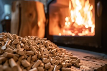 Compressed fuel pallets for heating boilers and fireplaces. Organic granulated biomass for space heating. - obrazy, fototapety, plakaty