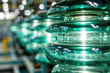 Glass electrical insulators in stock of the manufacturer's plant. Stacks of high voltage equipment for power plants. - obrazy, fototapety, plakaty