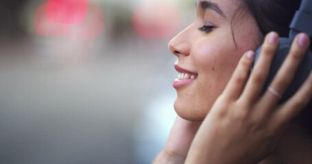 Music earphones, relax or woman in city streaming a song or radio with mockup space or sound. Face, smile or calm female person listening to audio on online subscription in town for wellness or break - Powered by Adobe