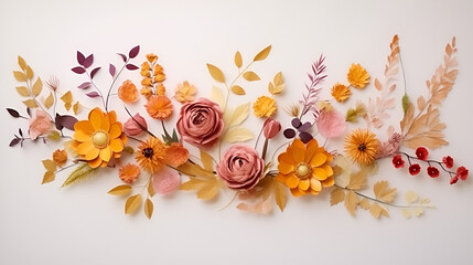 Ai generative. Autumn composition made of dried flowers on light background, generative ai