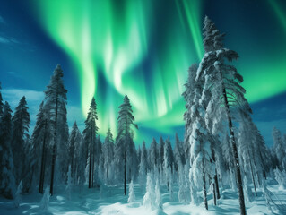 Nothern lights winter landscape. New Year concept