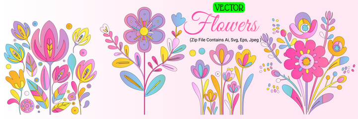 Fototapeta na wymiar Adorable Blossoms: Pastel Color Gradient Vector Flower Pack with Minimalist Design, Soft Color Palette