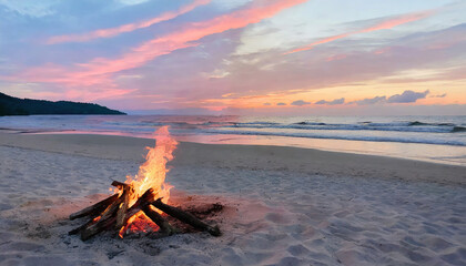 Fototapeta premium bonfire on the beach sand under the pink sunset