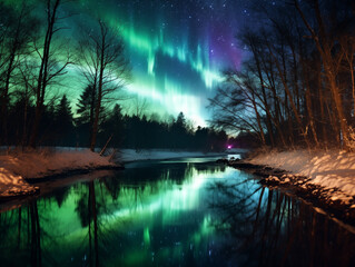 Nothern lights, forest and river winter landscape. New Year concept