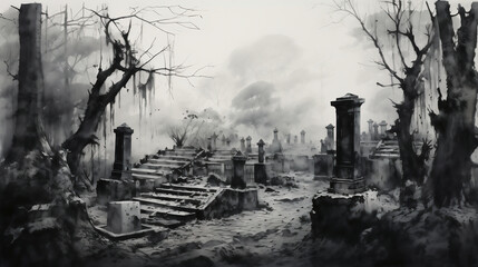graveyard in the morning, Chinese Ink wash painting