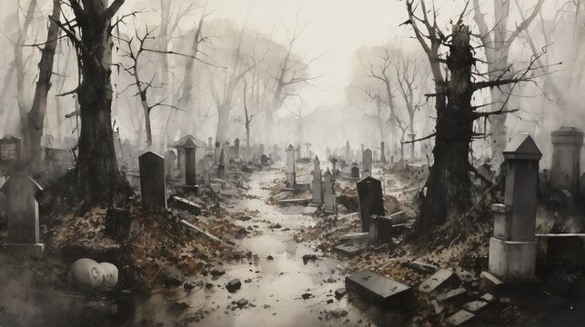 graveyard in fog, Chinese Ink wash painting