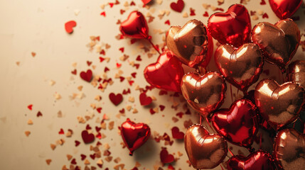 Golden Glow Red Heart Balloons and Confetti Celebration