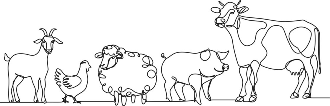 continuous single line drawing of farm animals, livestock line art vector illustration