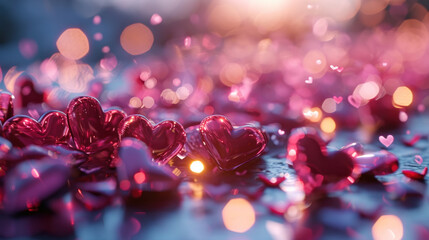 Romantic Ambiance Crimson Hearts and Bokeh Lights - obrazy, fototapety, plakaty
