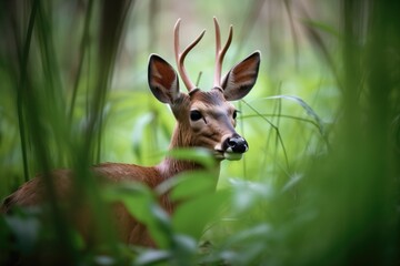 bushbuck in mid-chew, surrounded by greenery