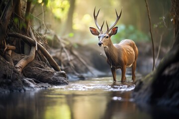 bushbuck drinking from a forest stream