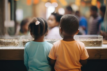 kids watching ants in an ant farm exhibit
