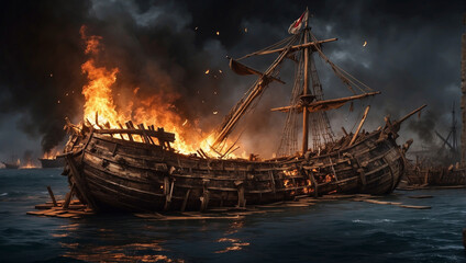 The Spanish Conquistadors ship is damage - obrazy, fototapety, plakaty