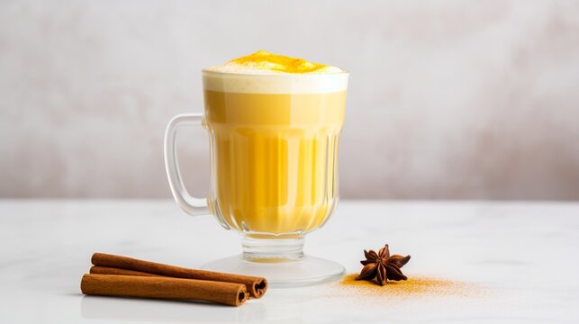 a serene image of a turmeric latte served in a minimalist glass mug