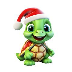 3d christmas turtle with santa hat isolated on transparent background