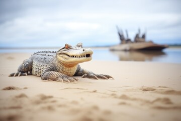 croc on sandy bank, jaws awaiting prey