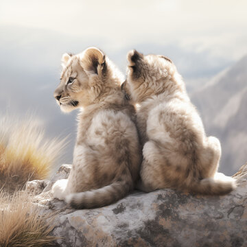 Close up image of two baby, lions cubs sitting in the same position in nature