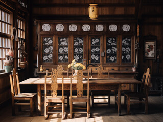 Fototapeta na wymiar A restaurant with wooden tables and chairs. Mountain guesthouse in the Romanian countryside. Authentic interior of a wooden house