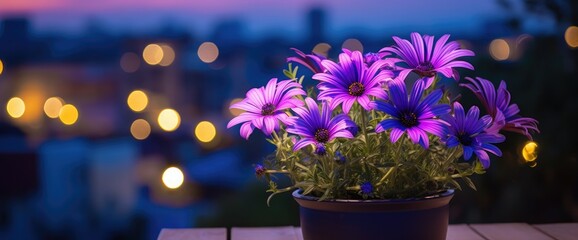 African daisy (Osteospermum ecklonis) in a pot on a balcony with a lit background in the evening
