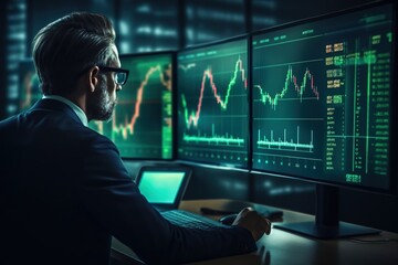 Financial trading manager analyzes stock market prices, image made with generative ai technology.