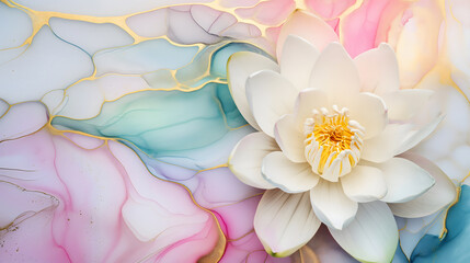 Valentine card with white water lily on abstract, pastel, colorful, watercolor background. A close...