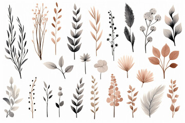 Beautiful watercolor plants, leaves and flowers for elegant modern greeting cards, congratulations in muted colors, boho style. Perfectly for wrapping paper, wallpaper fabric print, greeting cards