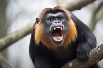 howler monkey with mouth wide open - obrazy, fototapety, plakaty