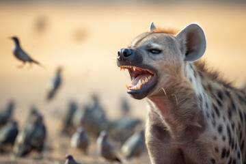 spotted hyena laughing with birds in background