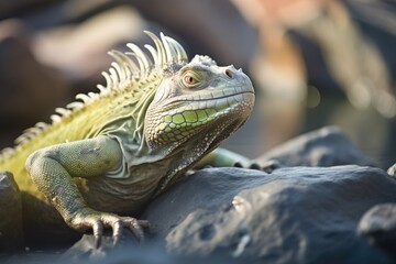 Obraz premium green iguana basking on a sunlit rocky outcrop