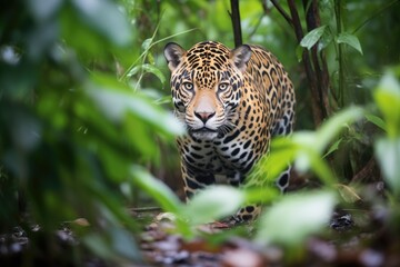 jaguar prowling through dense jungle foliage