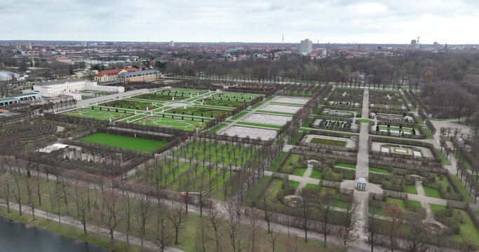 Castle gardens in Hannover, Germany. baroc structured layout. decorative floral pattern and botanical beauty.