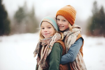 Fototapeta na wymiar siblings in matching scarves hugging in the snow
