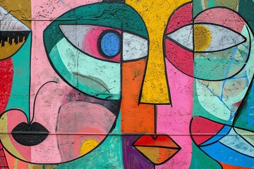 Wall graffiti street art graffiti doodle art colorful faces geometric collage pastel