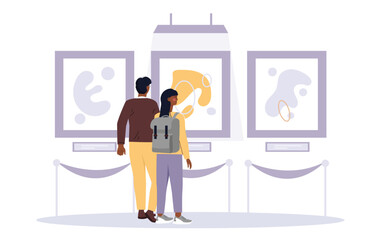 People in art gallery. Man and woman look at pictures. Young guy and girl at exhibition. Couple with cultural rest and leisure. Creativity and art. Cartoon flat vector illustration
