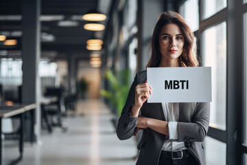 MBTI concept image with business woman holding a sign with written letters MBTI at work in a modern open space office - obrazy, fototapety, plakaty