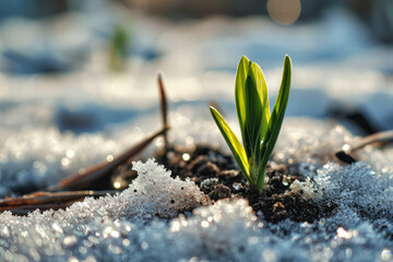 Young green sprout emerging from snowy frozen ground announcing end of winter end beginning of spring season - obrazy, fototapety, plakaty