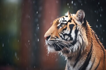 Naklejka premium tiger with damp fur during a light rainfall