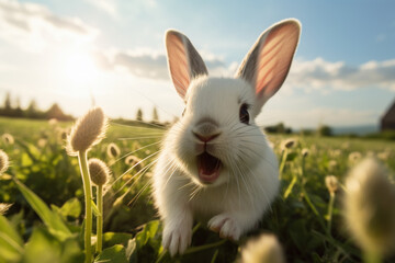 White rabbit on green grass - obrazy, fototapety, plakaty