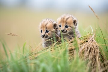 Fototapeta premium cheetah cubs playing amidst grassy knolls