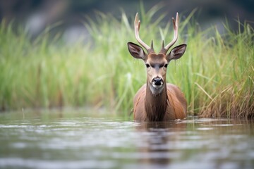 waterbuck in long grass near river