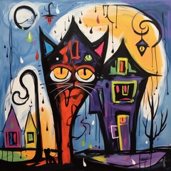 Cat in front of haunted house