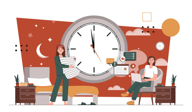 Biological clock time concept. Two women near big clock at night. Correct regime and healthy lifestyle. Biology and anatomy. Medical infographics. Cartoon flat vector illustration
