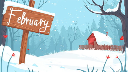 A cartoon of a snowy landscape with a wooden february sign