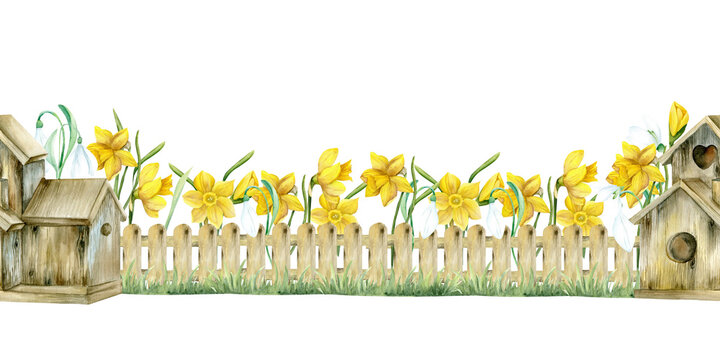 Watercolor Easter seamless border with wooden birdhouse , wooden fence and spring flowers : snowdrops and yellow daffodils. First flowers with wooden objects for seasonal card, invitation template