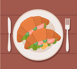 Top view at breakfast concept. White dish with two sandwiches. Healthy eating for morning. Knife and fork near bowl with food. Proper nutrition. Cartoon flat vector illustration