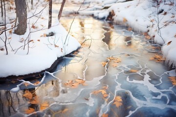 delicate ice patterns on a frozen stream in a forest