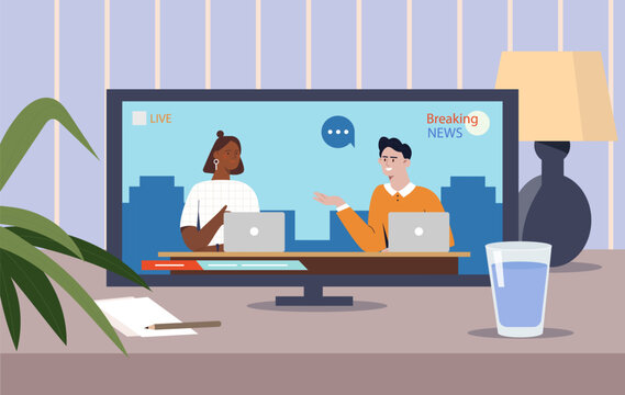Breaking news at television concept. Anchors in tv show with information. Man and woman in mass media. Live stream and broadcast. Evening rest and leisure indoor. Cartoon flat vector illustration