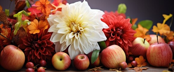 Autumn flowers closeup background, fall flowers bouquet, florist composition with dahlia and apples - obrazy, fototapety, plakaty