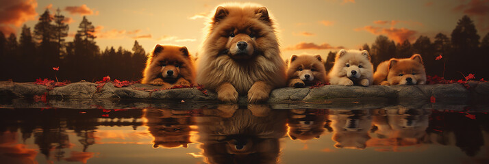 Closeup of chow chow dog and puppies on a sunset sky and lake background.Animal wide web banner - obrazy, fototapety, plakaty